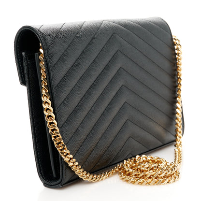Saint Laurent Grain De Poudre Matelasse Chevron Monogram Chain Wallet Black 3 of 12