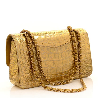 Chanel Metallic Calfskin Crocodile Embossed Cocodile Medium Double Flap Gold 3 of 11