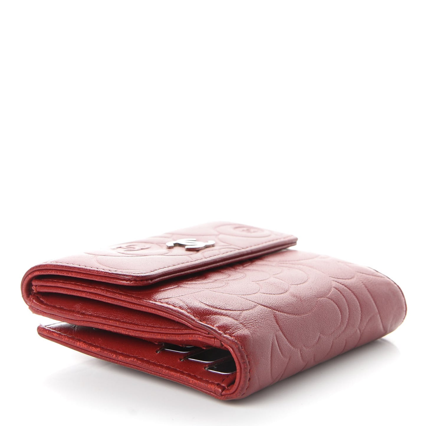 Lambskin Camellia Embossed French Wallet Red