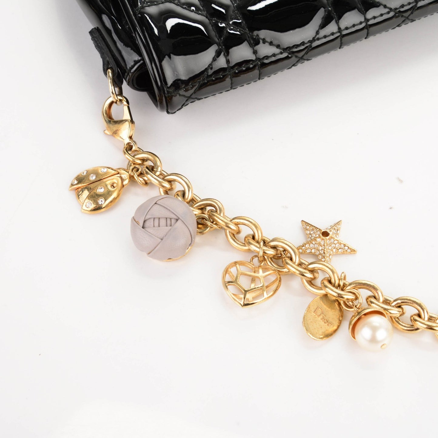 Patent Cannage Lady Dior Charms Pochette Black