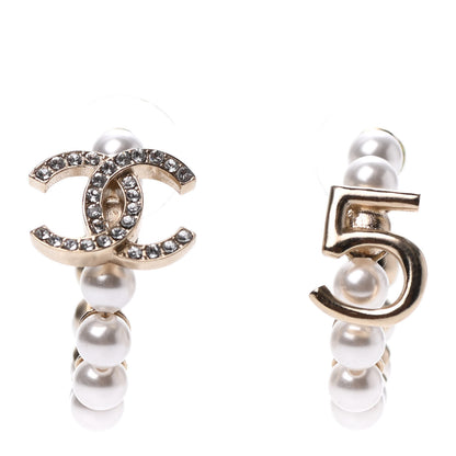 Chanel Crystal Pearl CC No 5 Hoop Drop Earring Gold 1 of 4