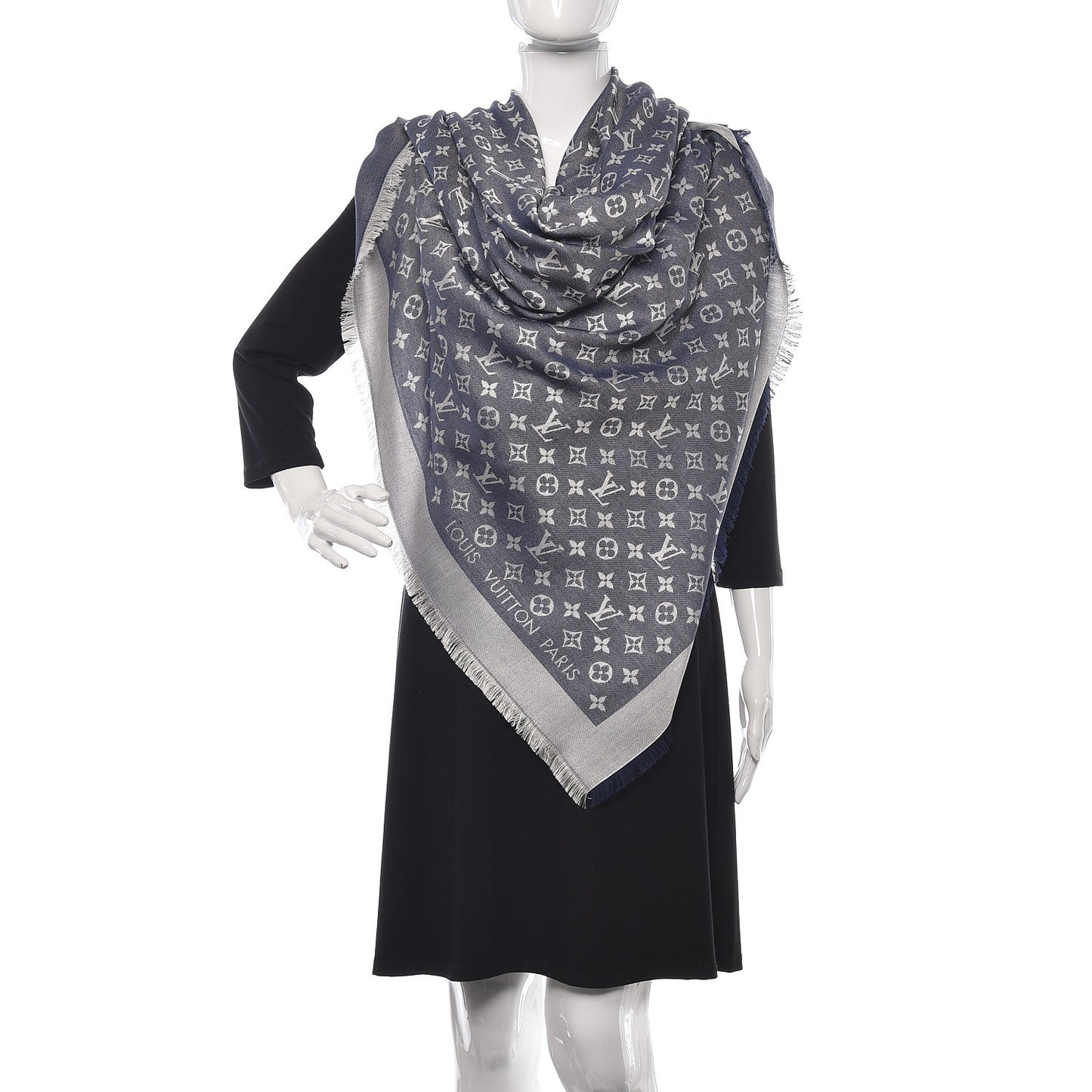 Wool Silk Monogram Denim Shawl Blue