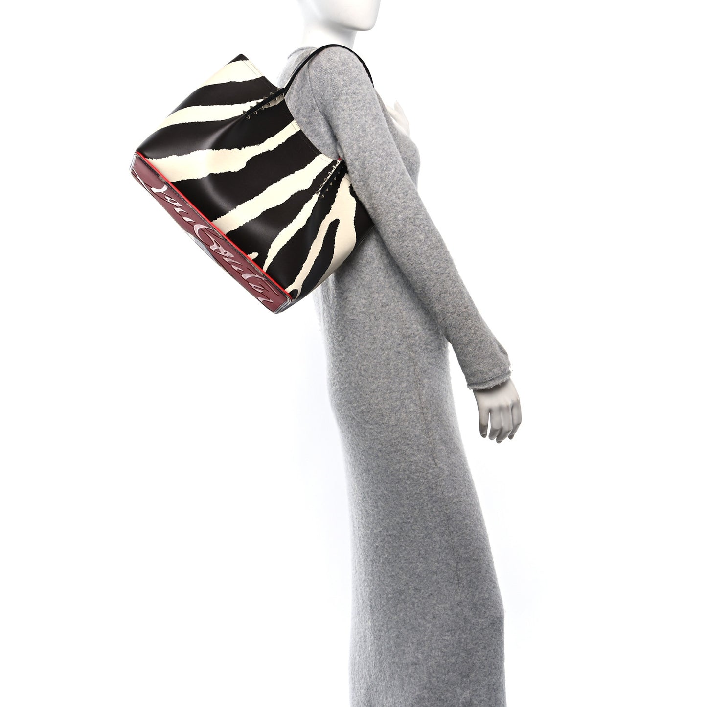 Calfskin Zebra Print Spiked Large Cabarock Shopper Tote Brown White