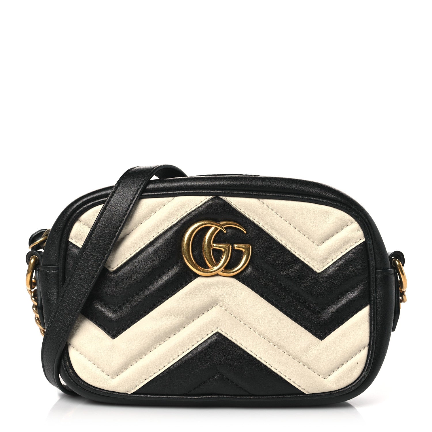 Gucci Calfskin Matelasse Mini GG Marmont Chain Shoulder Bag Black White 1 of 10