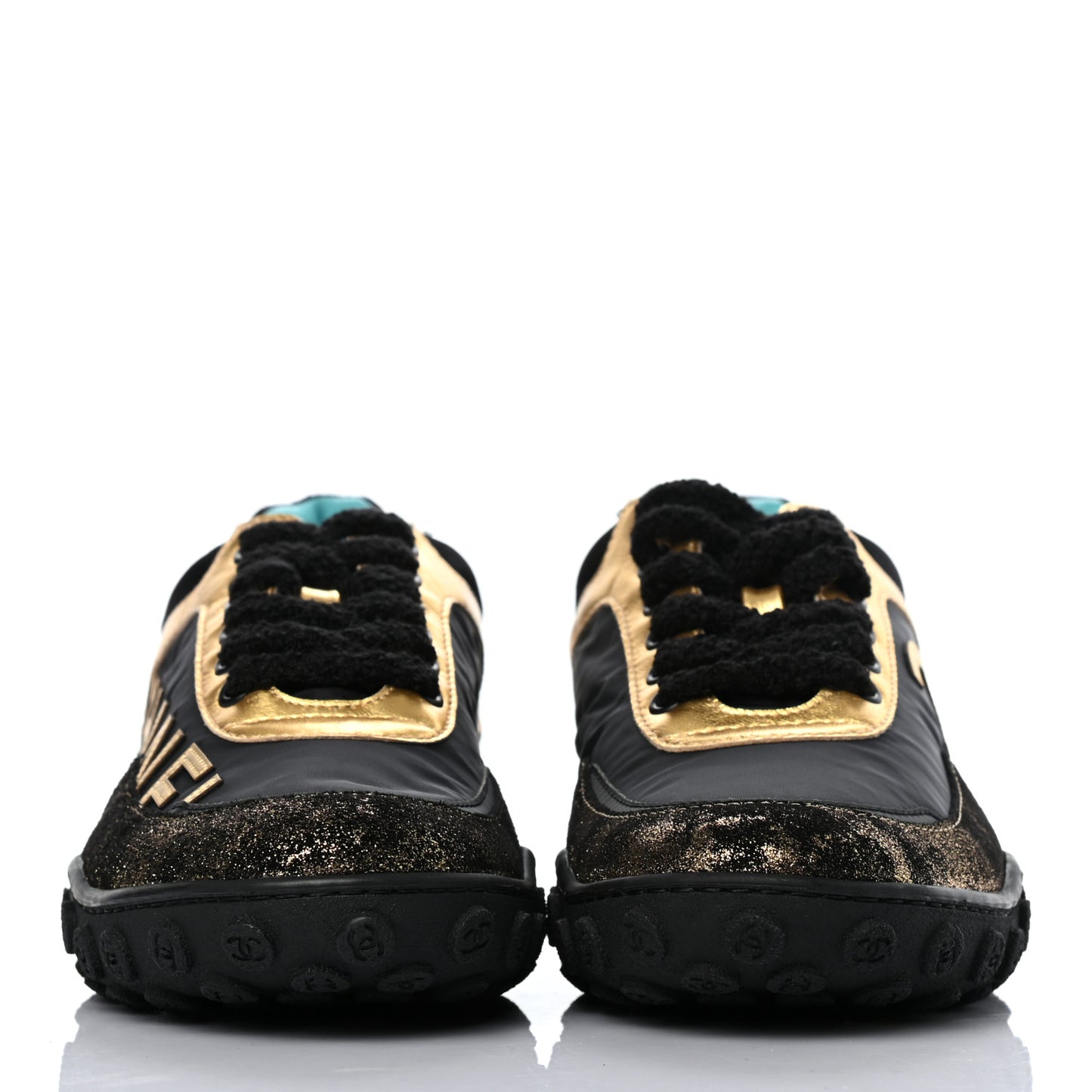 Metallic Lambskin Satin Finish Womens CC Sneakers 37 Black Gold
