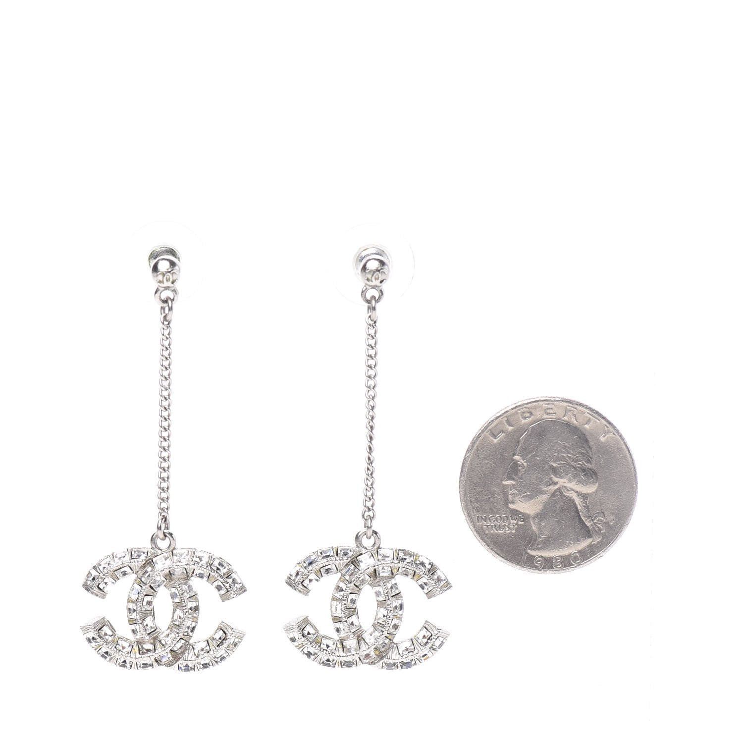 Chanel Crystal Baguette CC Dangle Earrings Silver 2 of 3