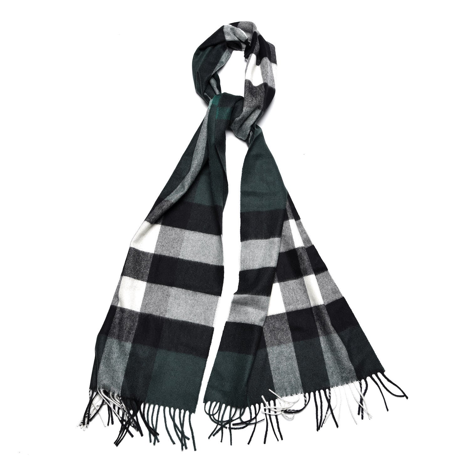 Burberry Cashmere Half Mega Check Fringe Scarf Dark Forest Green 1 of 4