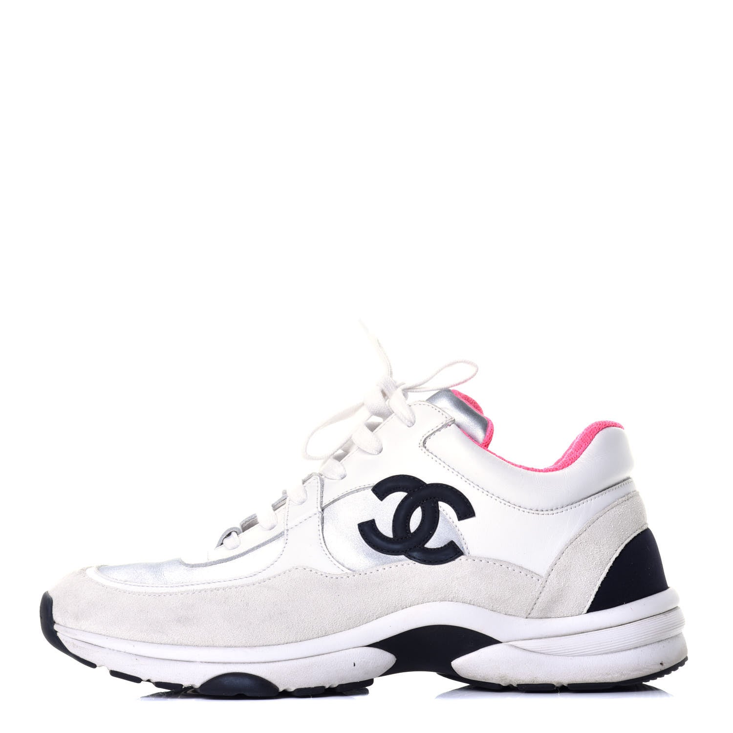 Chanel Calfskin Fabric Sneakers 40.5 White Silver Fluo Pink 1 of 9