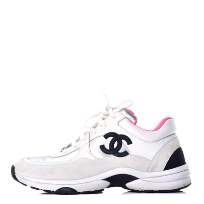 Chanel Calfskin Fabric Sneakers 40.5 White Silver Fluo Pink 1 of 9