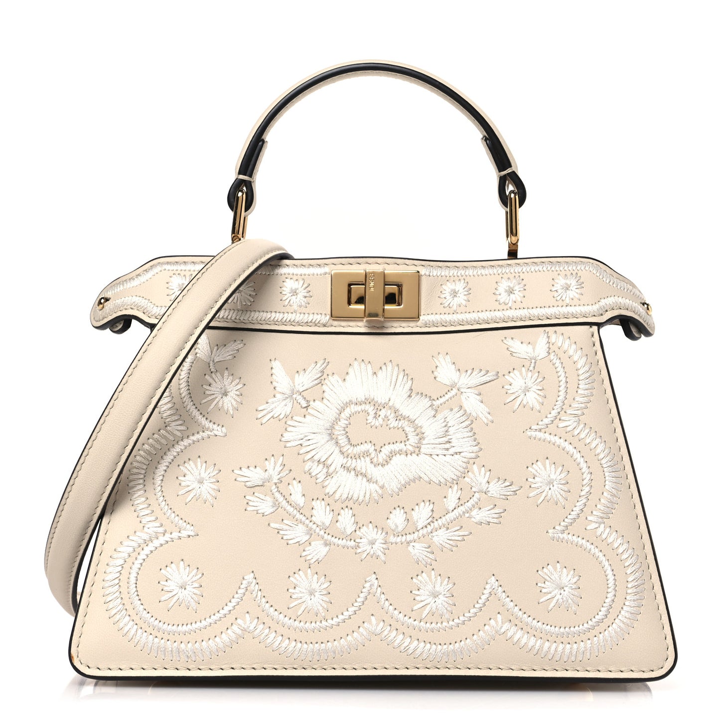 Vitello Seta Shiny Nappa Floral Embroidered Petite Peekaboo I SEE U Satchel Camelia White Ice