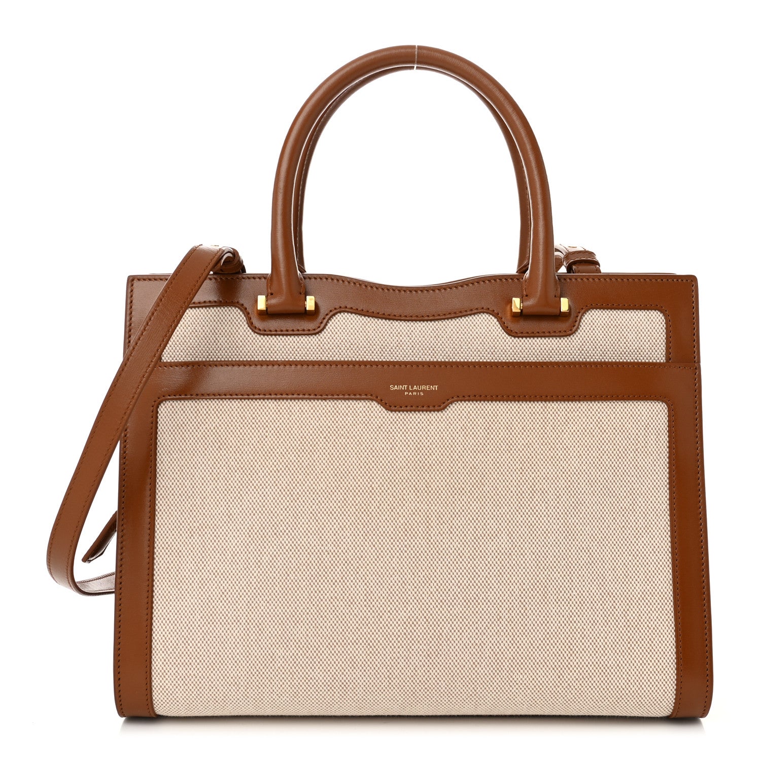 Saint Laurent Canvas Calfskin Medium Uptown Tote Brown 1 of 10