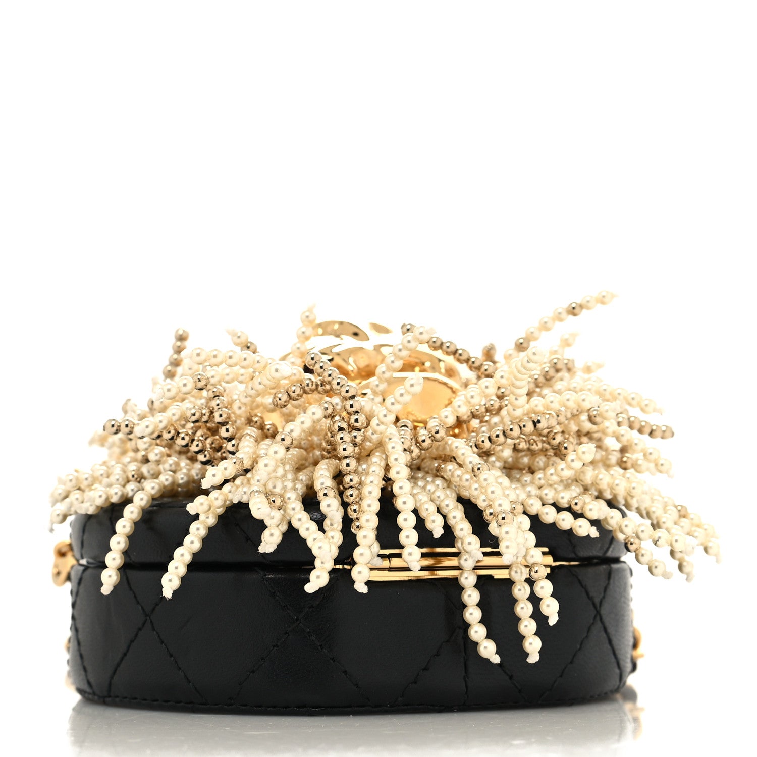 Chanel Lambskin Pearl Crystal Lion Round Minaudiere Clutch Black Gold 4 of 12