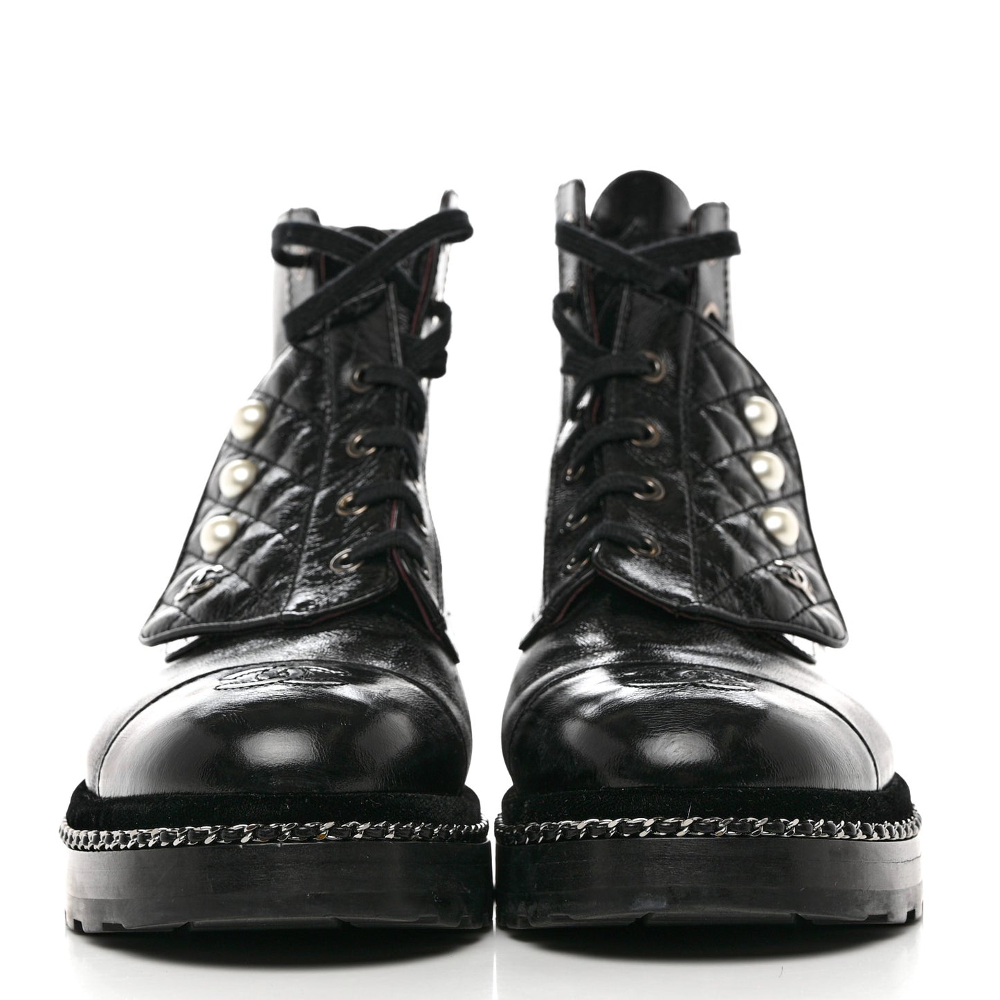 Crackled Calfskin Velvet Pearl Combat Short Boots 41 Black