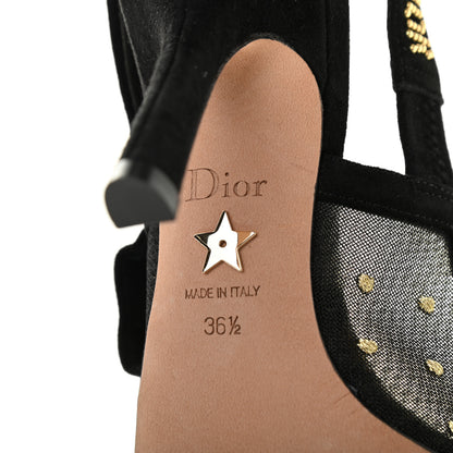 Christian Dior Mesh Plumetis Suede Dotted Studded J'Adoir Slingback 100mm Pumps 36.5 Black Gold 6 of 8