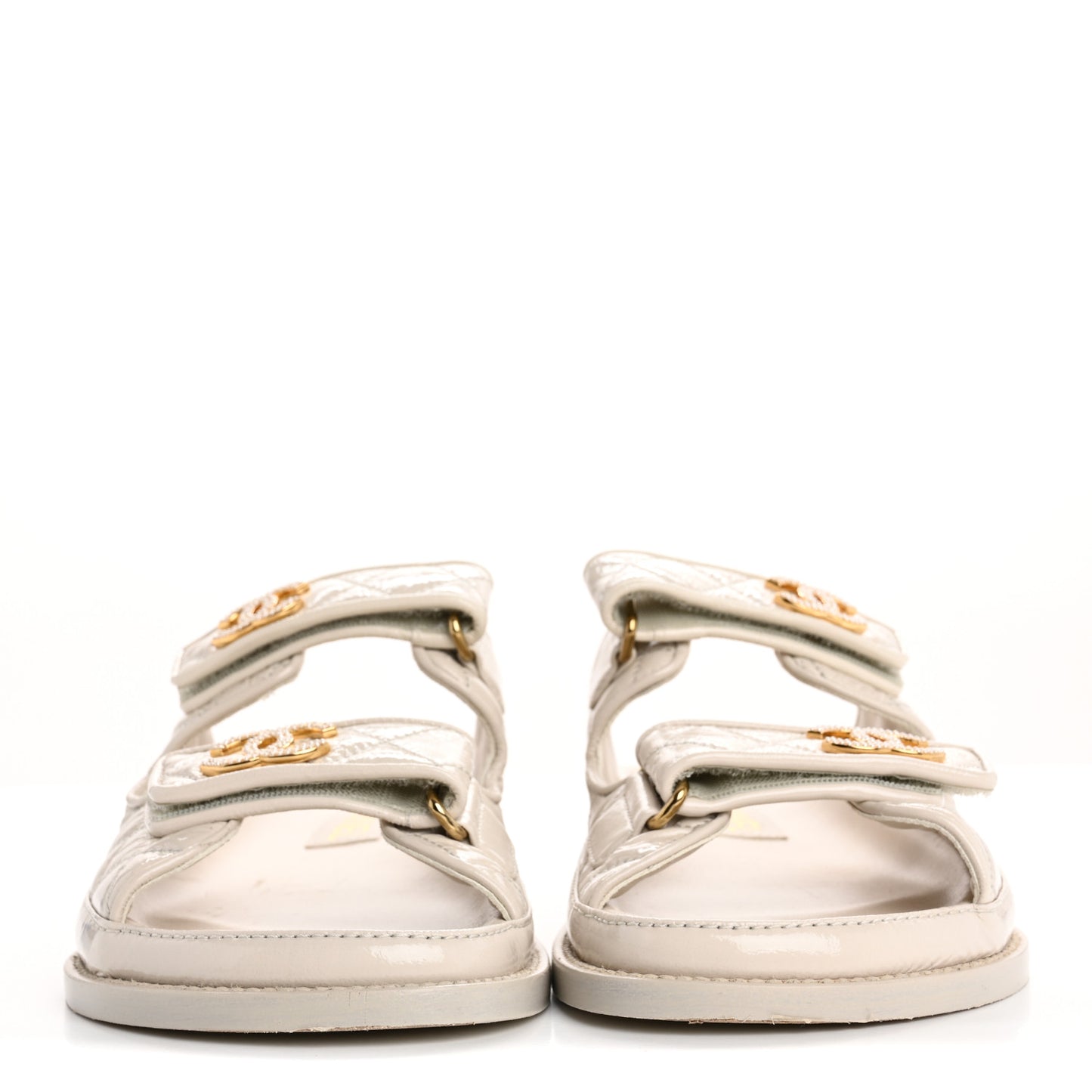 Shiny Calfskin Crystal Quilted Velcro Dad CC Slide Sandals 36.5 Light Beige