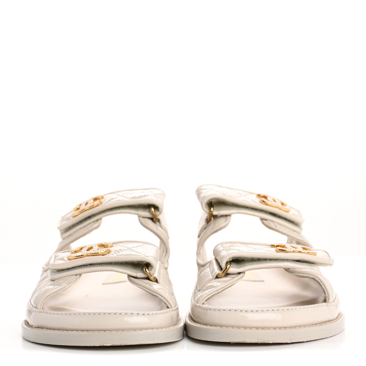 Chanel Shiny Calfskin Crystal Quilted Velcro Dad CC Slide Sandals 36.5 Light Beige 3 of 15
