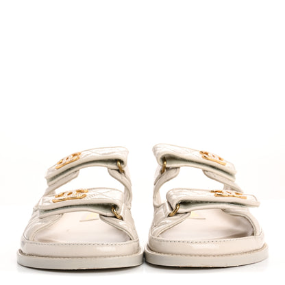 Chanel Shiny Calfskin Crystal Quilted Velcro Dad CC Slide Sandals 36.5 Light Beige 3 of 15