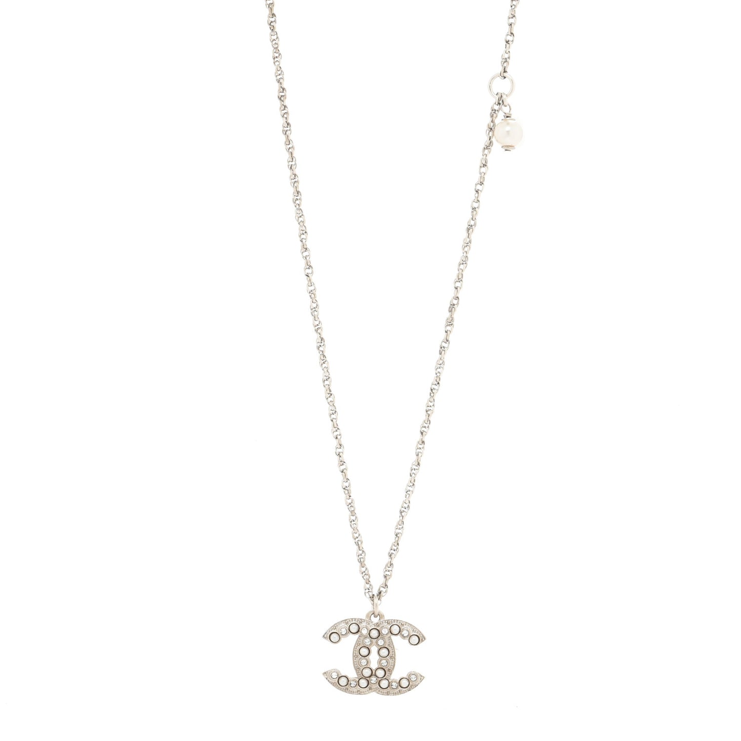 Crystal Pearl CC Pendant Necklace Silver