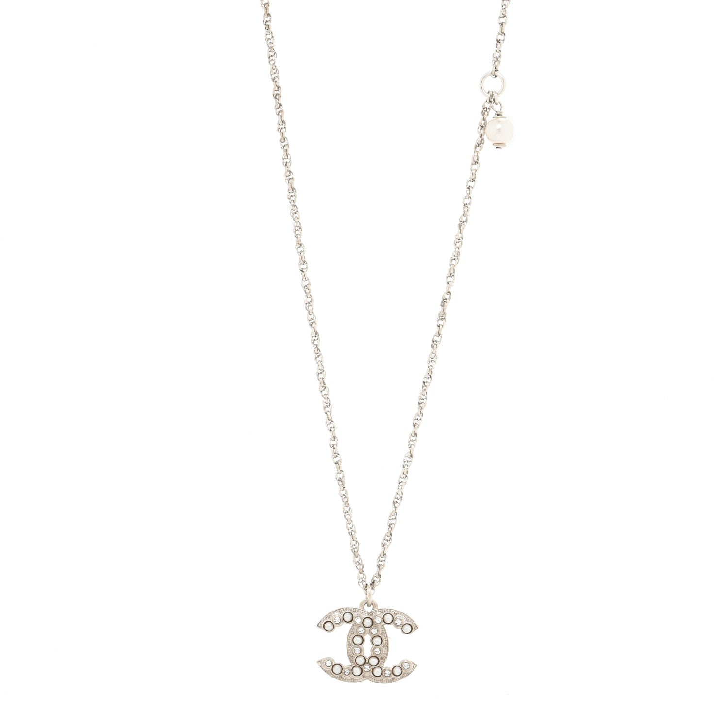 Chanel Crystal Pearl CC Pendant Necklace Silver 1 of 3