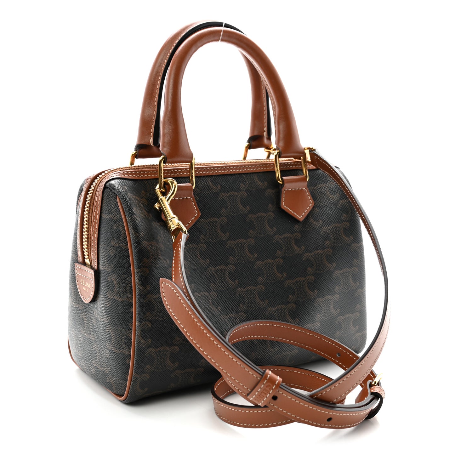Triomphe Canvas Calfskin Small Boston Bag Tan