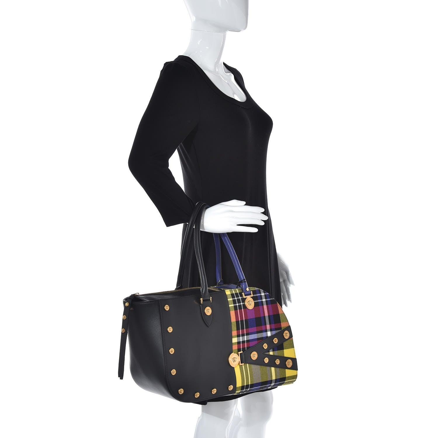 Versace Calfskin Tartan Print The Clash Top Handle Black Multicolor 2 of 6
