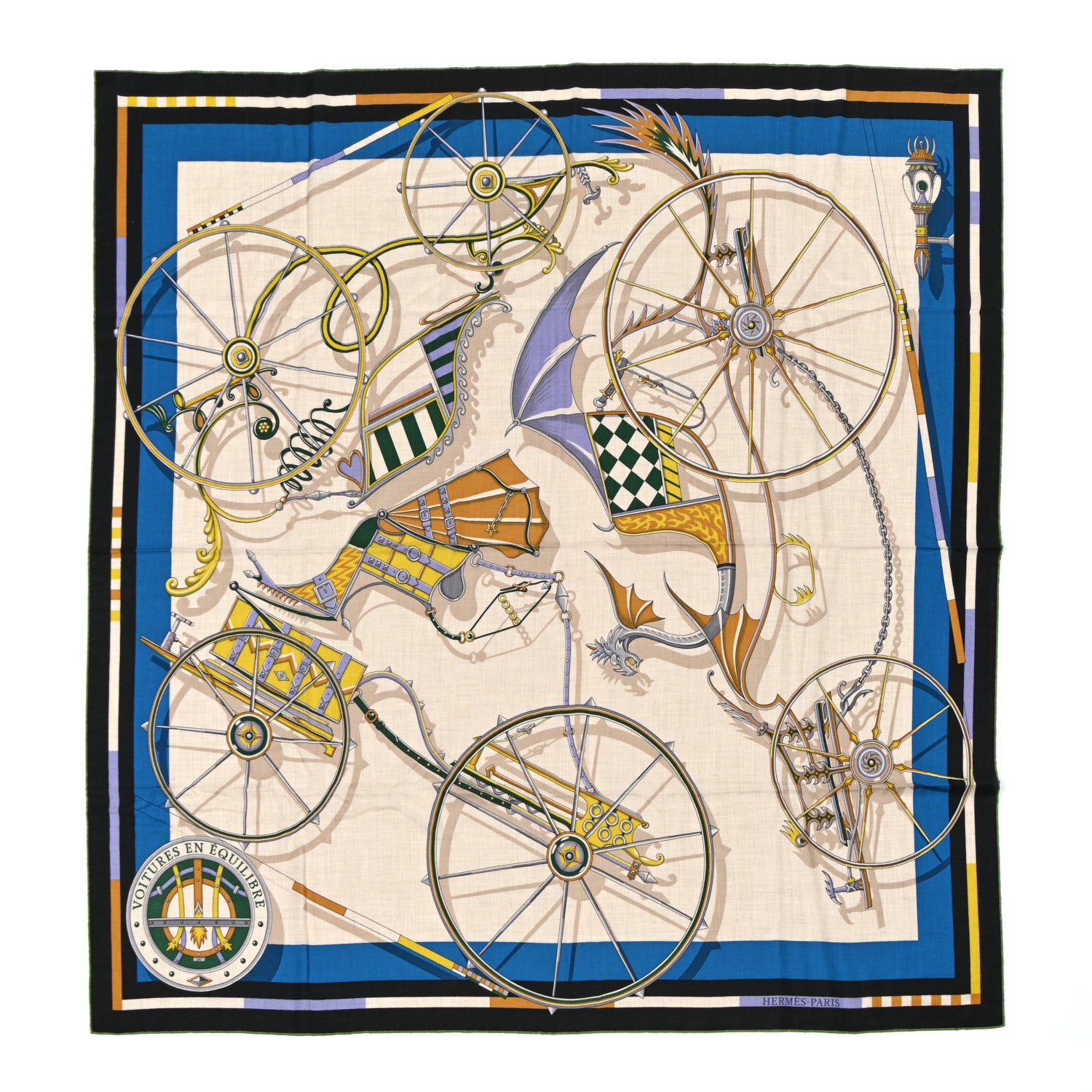 Hermes Cashmere Silk Voitures en Equilibre Shawl 140 Black Bleu Cobalt Natural 1 of 4