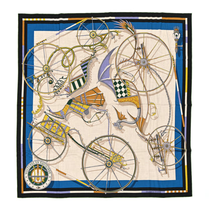 Hermes Cashmere Silk Voitures en Equilibre Shawl 140 Black Bleu Cobalt Natural 1 of 4