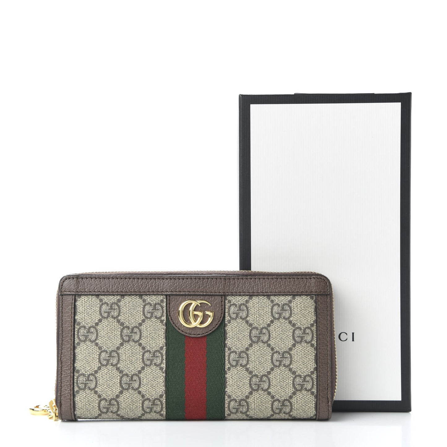 GG Supreme Monogram Web Ophidia Zip Around Wallet Brown