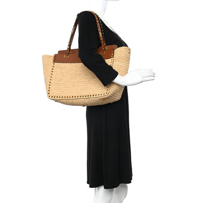 Valentino Garavani Raffia Calfskin Rockstud Tote Naturale Saddle Brown 2 of 9