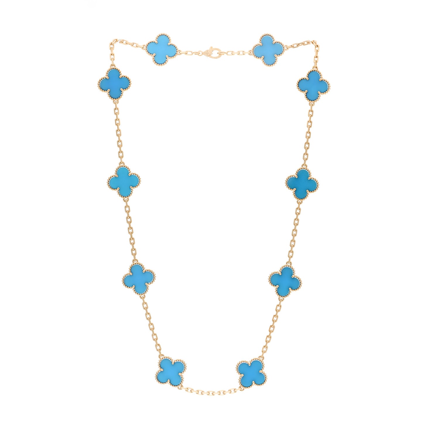 18K Yellow Gold Blue Agate 10 Motifs Vintage Alhambra Necklace