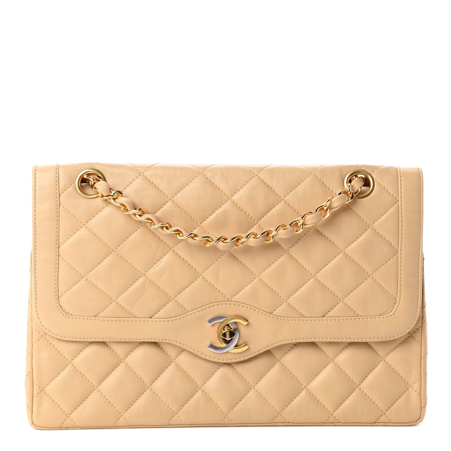 Lambskin Quilted Medium Double Flap Beige