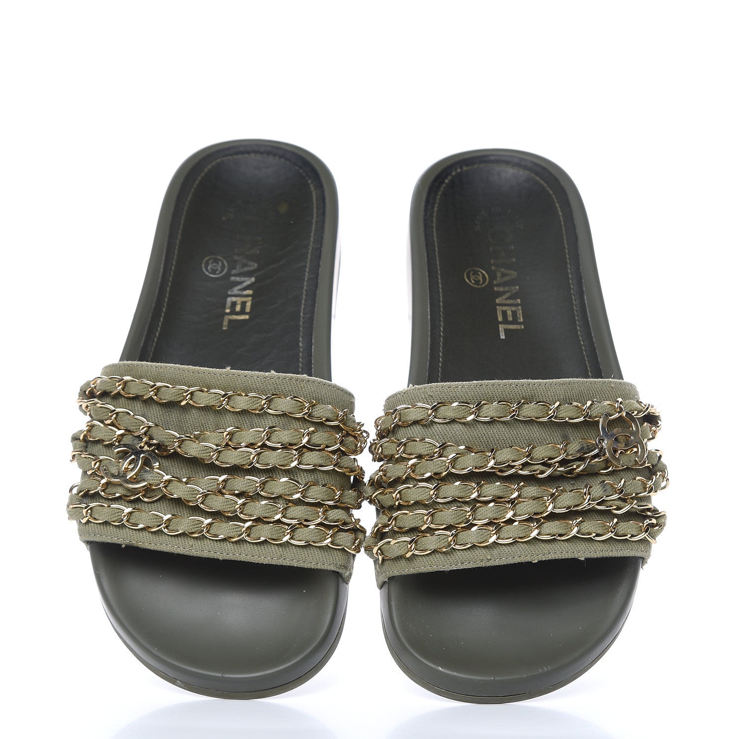 Chanel Canvas Chain Flat Sandals 36 Khaki 5 of 12