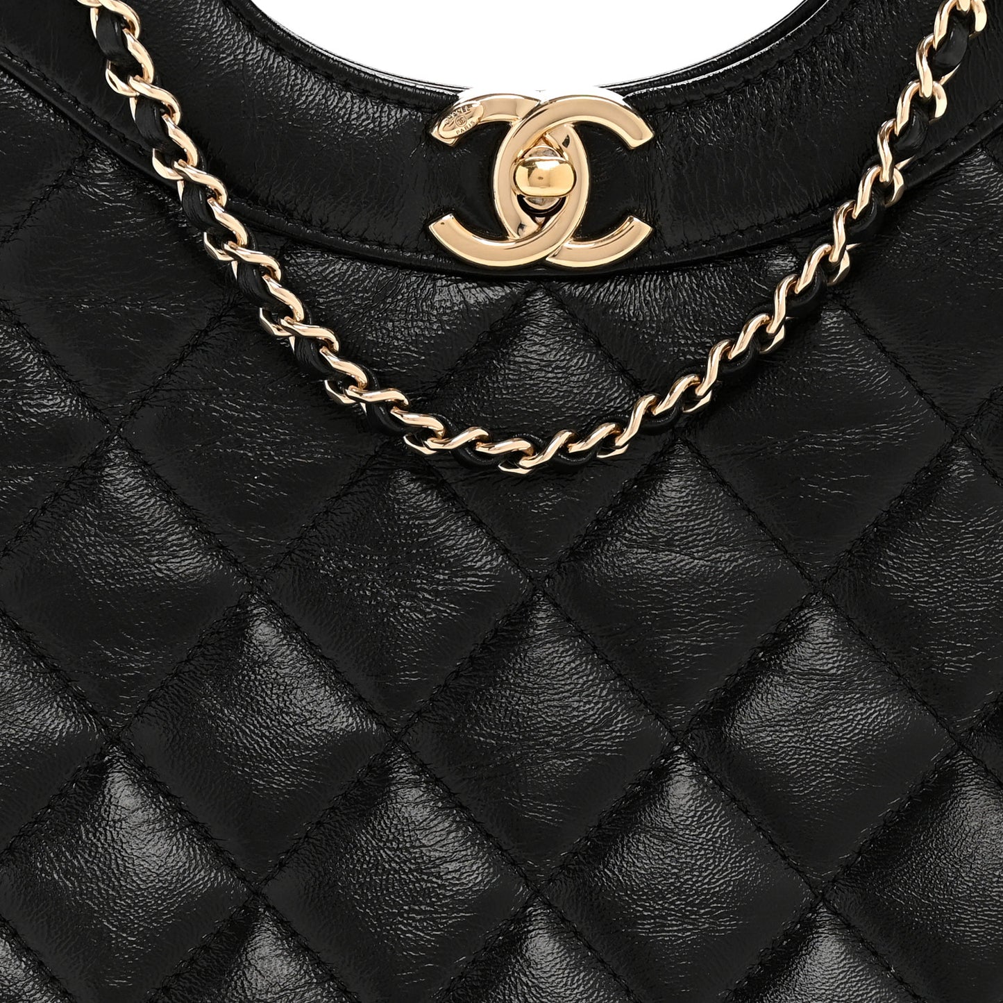 Shiny Crumpled Calfskin Quilted Small 31 Shopping Bag Black