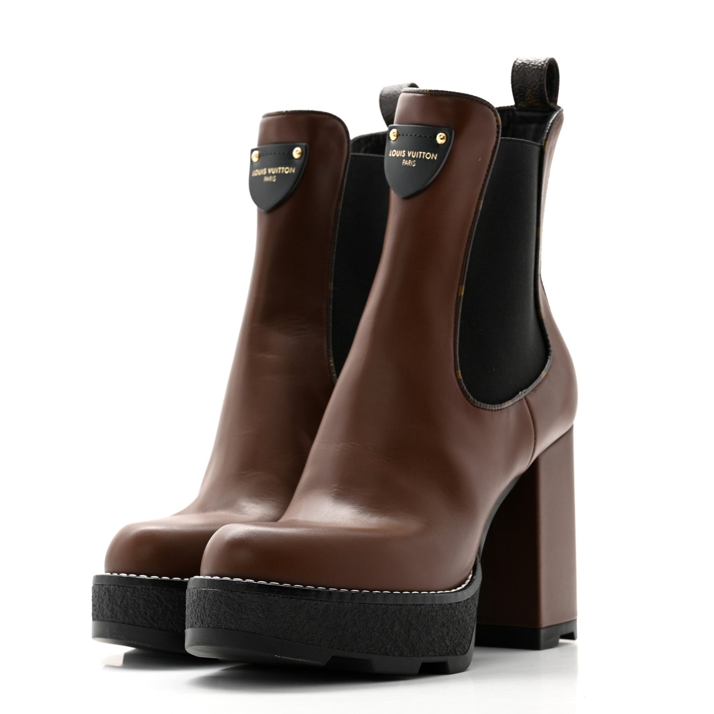 Calfskin Monogram LV Beaubourg Platform Ankle Boots 38.5 Marron