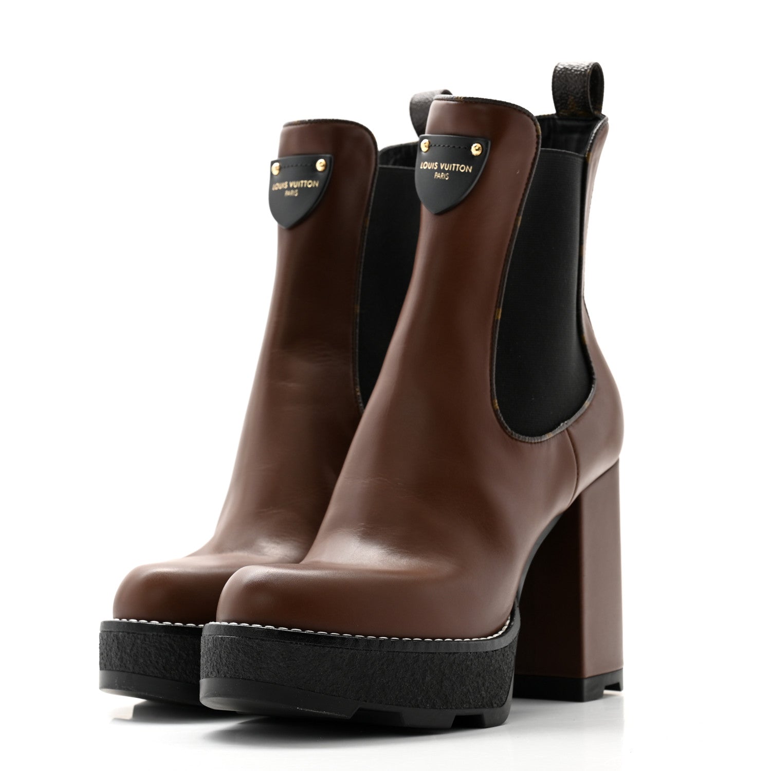 Louis Vuitton Calfskin Monogram LV Beaubourg Platform Ankle Boots 38.5 Marron 3 of 8
