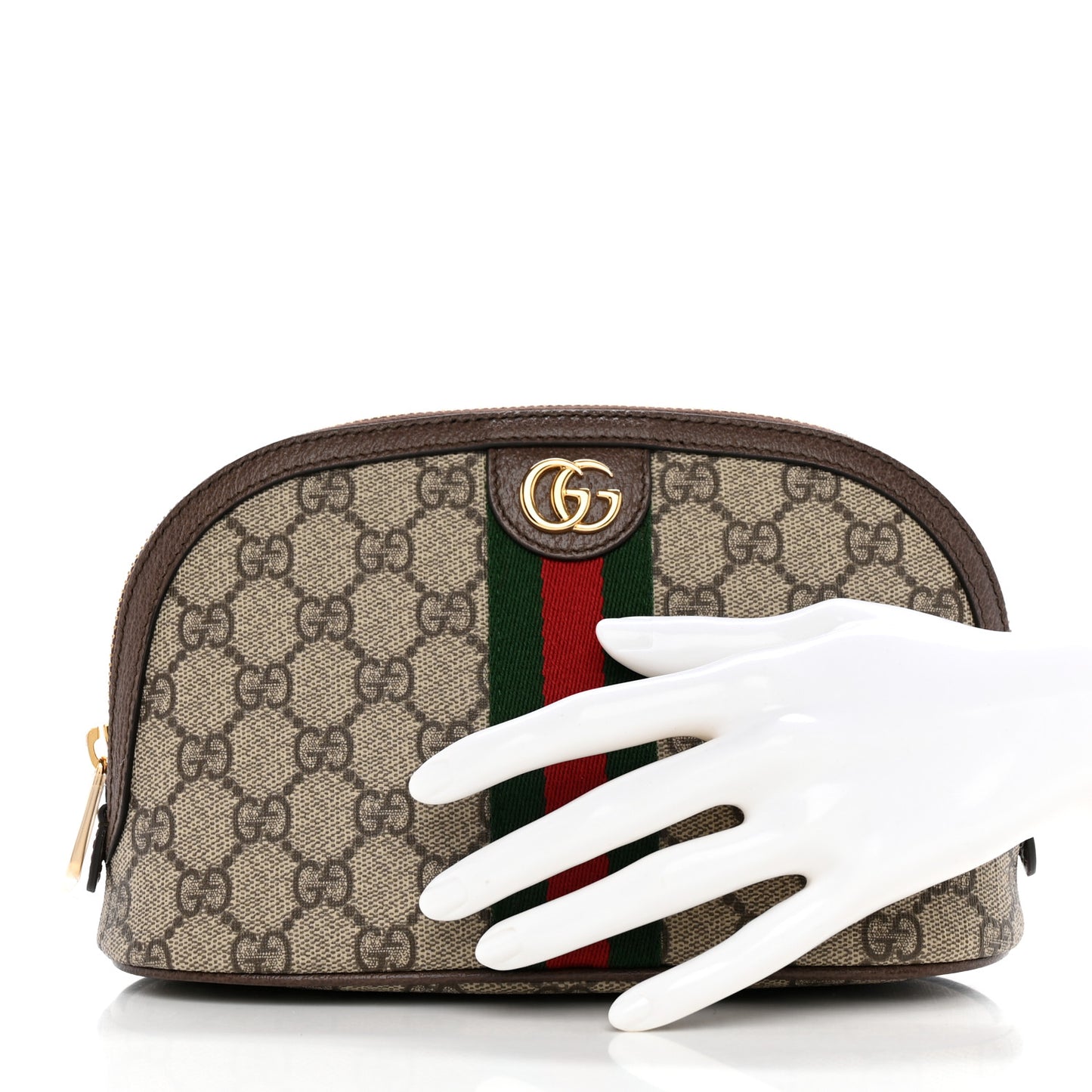 GG Supreme Monogram Textured Calfskin Web Large Ophidia Cosmetic Case Beige Ebony New Acero