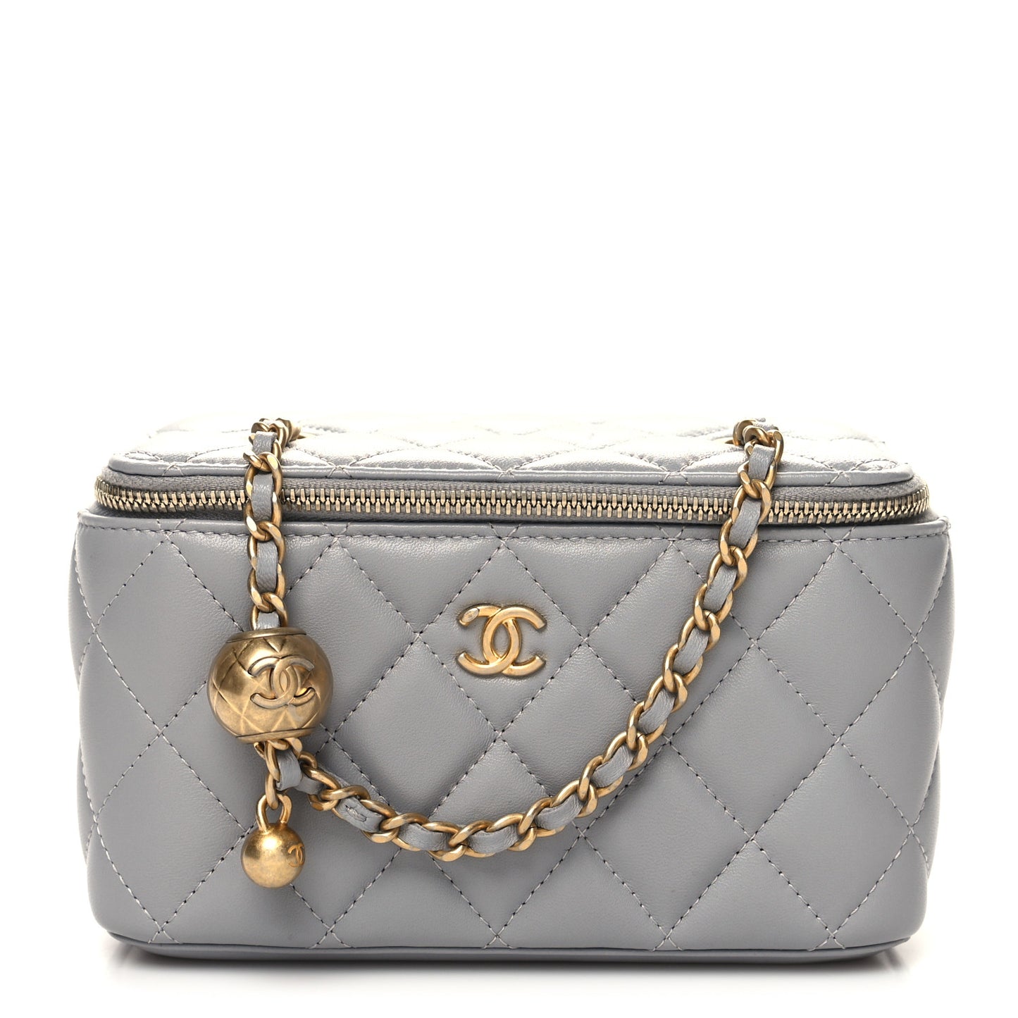 Lambskin Quilted Small Pearl Crush Vanity Case With Chain Grey