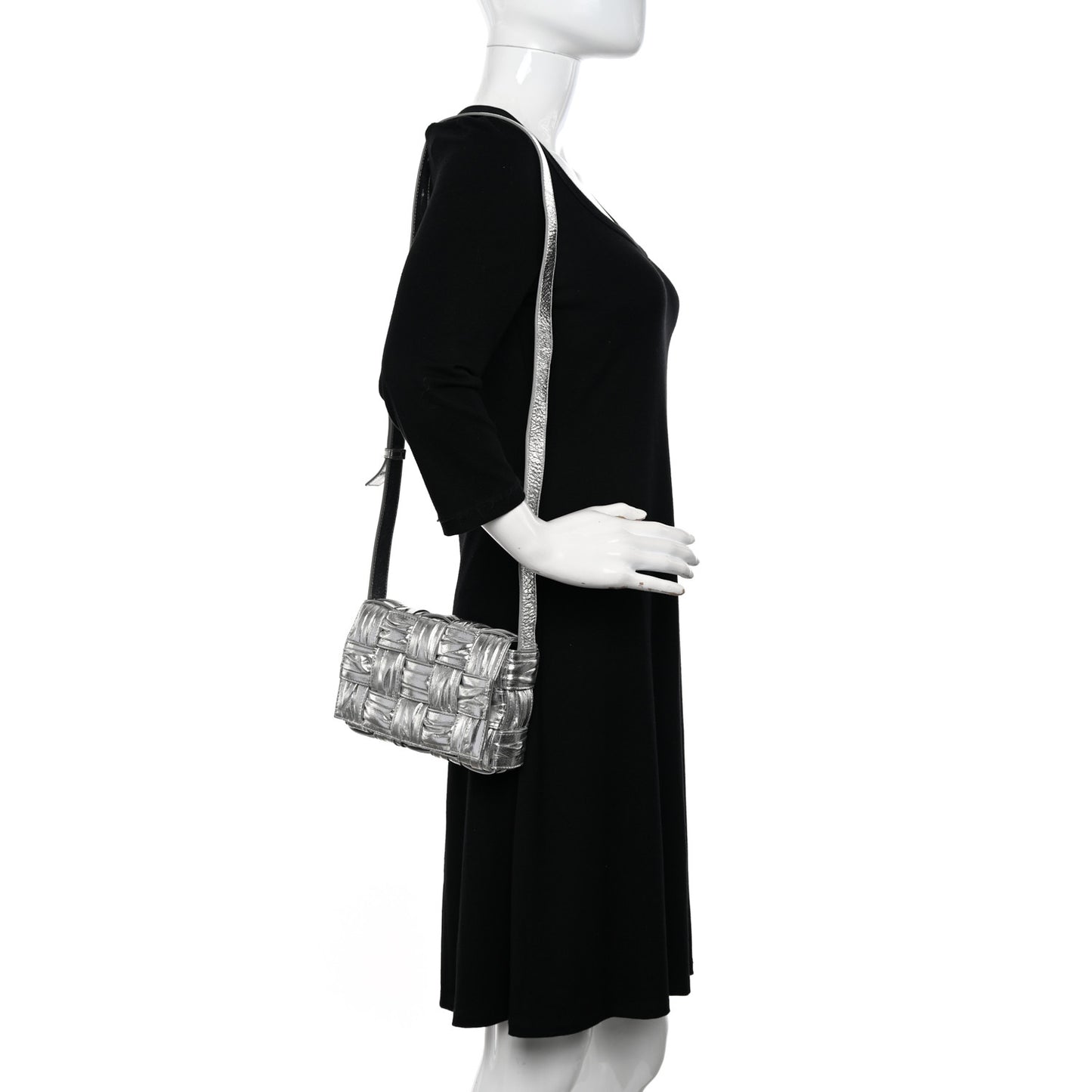 Metallic Calfskin Intreccio Plisse Small Cassette Crossbody Bag Silver