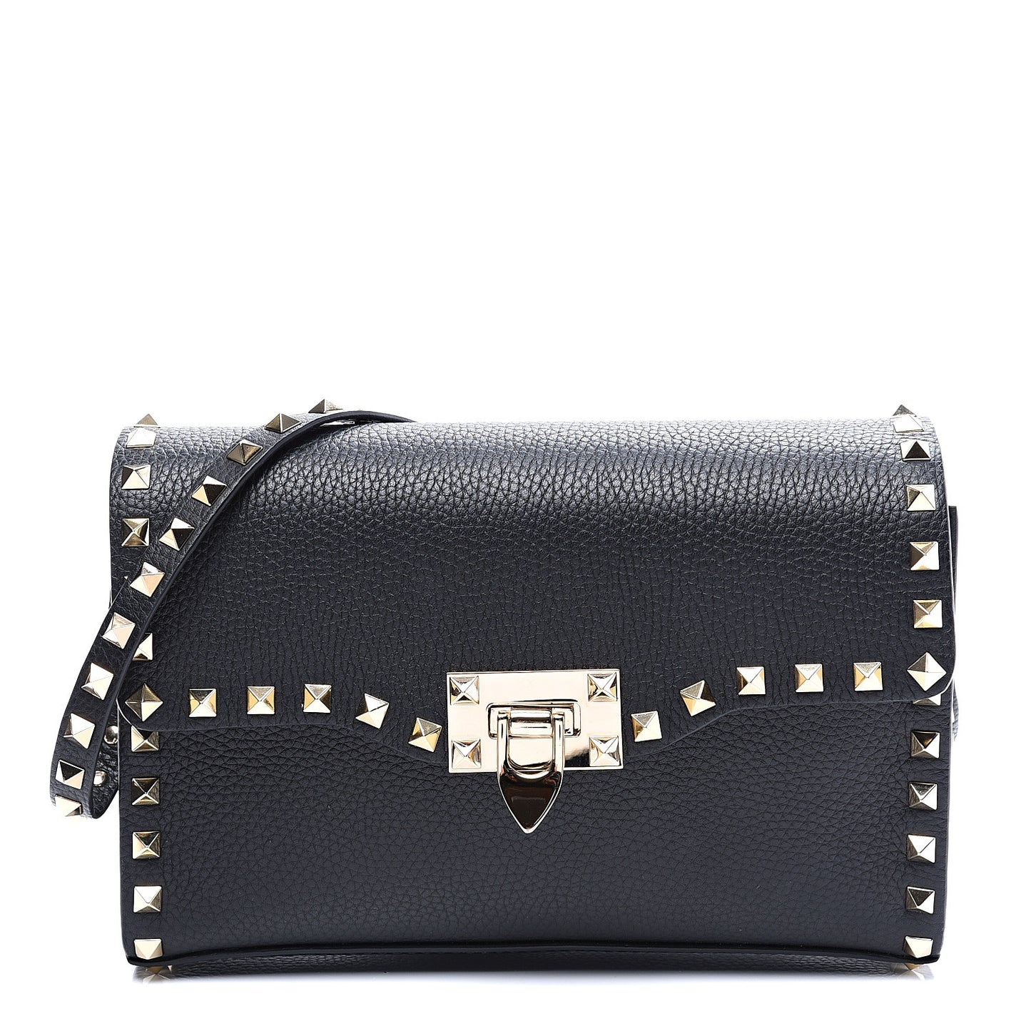 Pebbled Calfskin Medium Rockstud Flip Lock Crossbody Bag Black