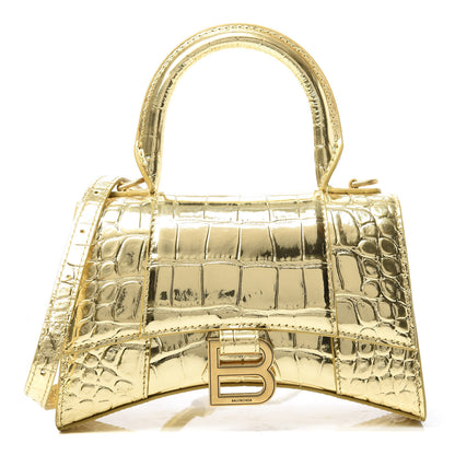 Balenciaga Metallic Calfskin Crocodile Embossed Hourglass Top Handle Bag XS Gold 1 of 10