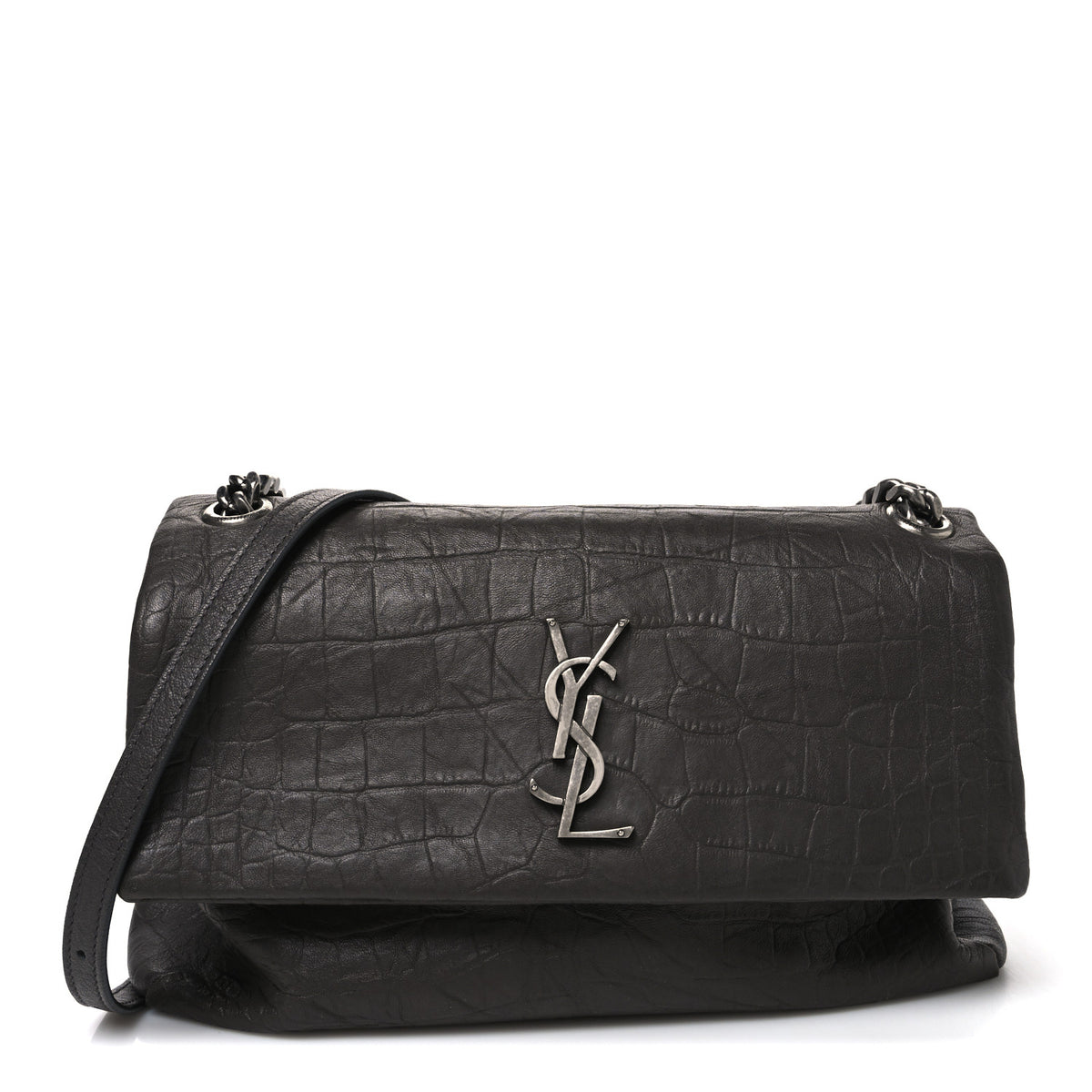 Calfskin Crocodile Embossed West Hollywood Monogram Fold-Over Dark Brown