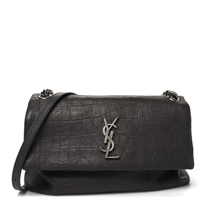 Saint Laurent Calfskin Crocodile Embossed West Hollywood Monogram Fold-Over Dark Brown 1 of 9