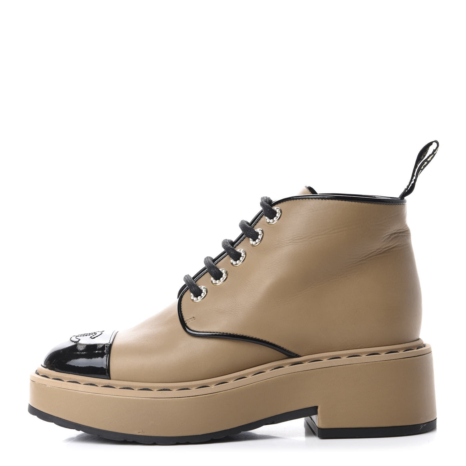 Chanel Calfskin Lace Up CC Short Boots 37 Beige Black 1 of 15