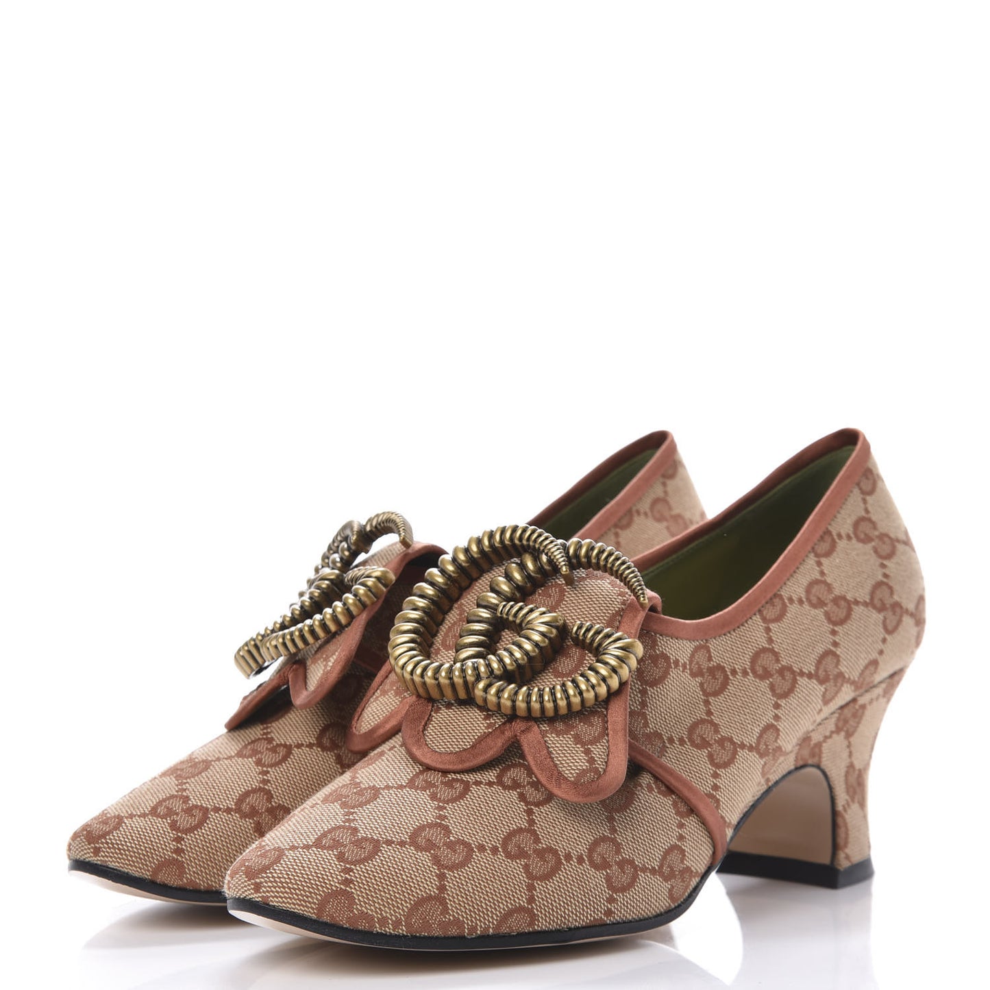Monogram Satin Torchon Double G Pumps 38.5 Beige Ruggine Copper