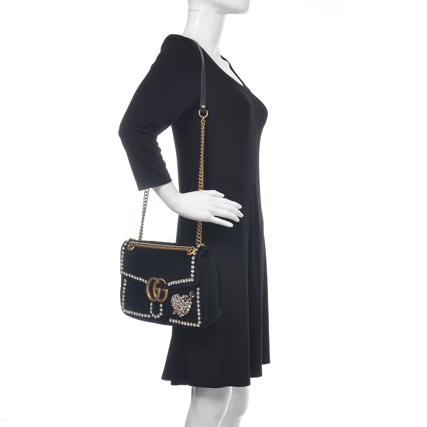 Velvet Matelasse Crystal Medium GG Marmont Shoulder Bag Black