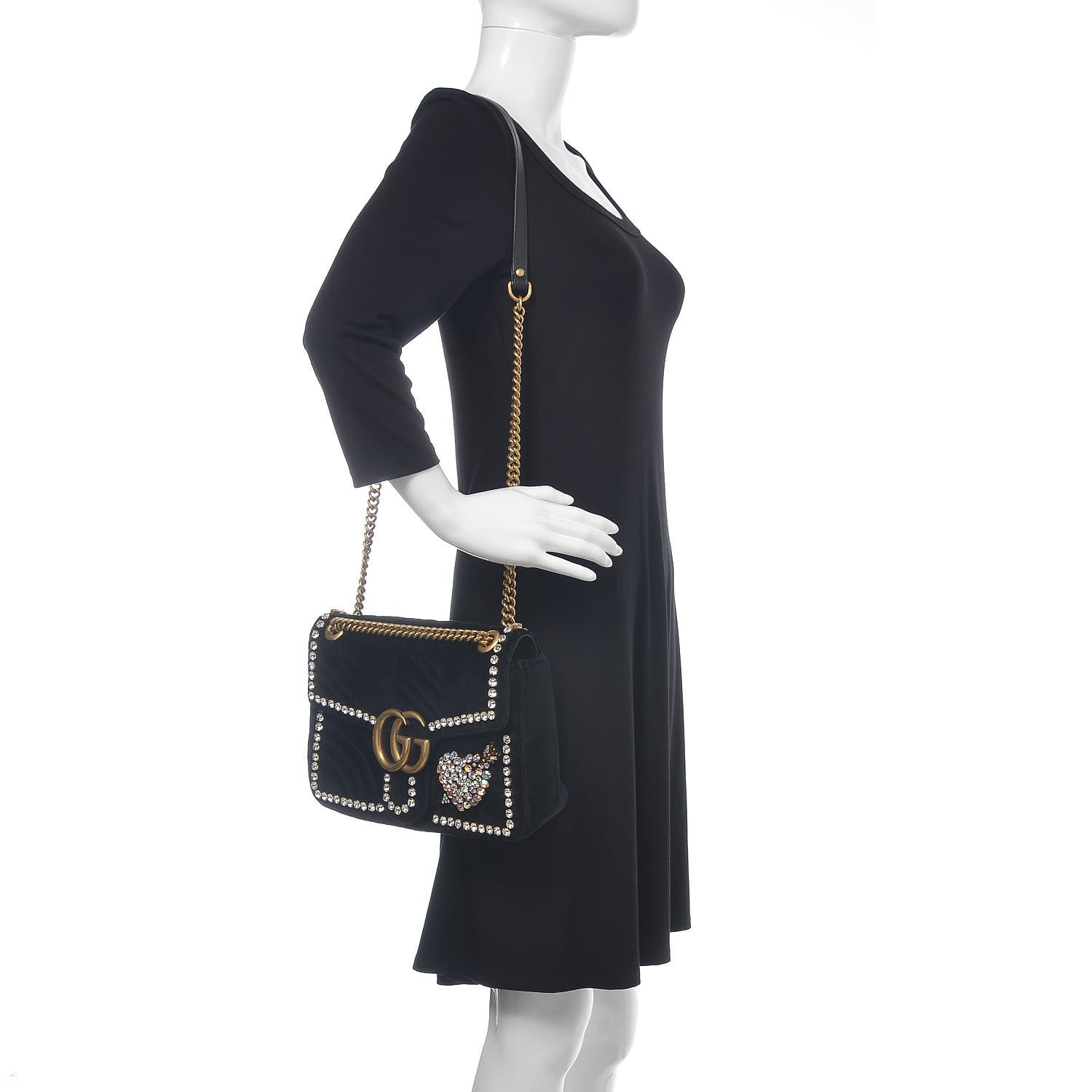 Gucci Velvet Matelasse Crystal Medium GG Marmont Shoulder Bag Black 2 of 11