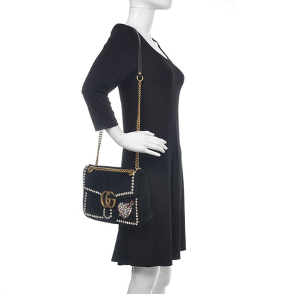 Gucci Velvet Matelasse Crystal Medium GG Marmont Shoulder Bag Black 2 of 11