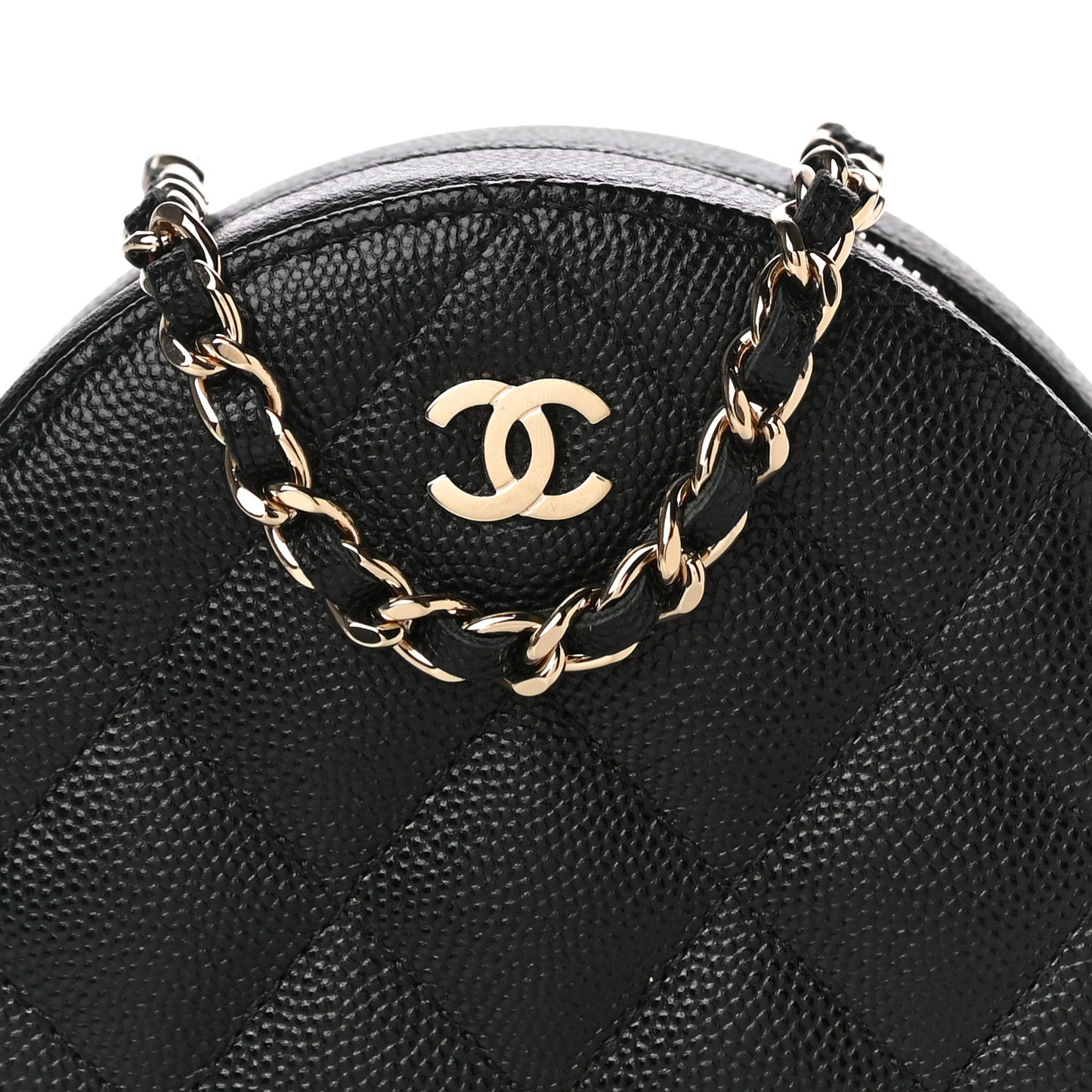 Caviar Quilted Round Clutch With Chain Black