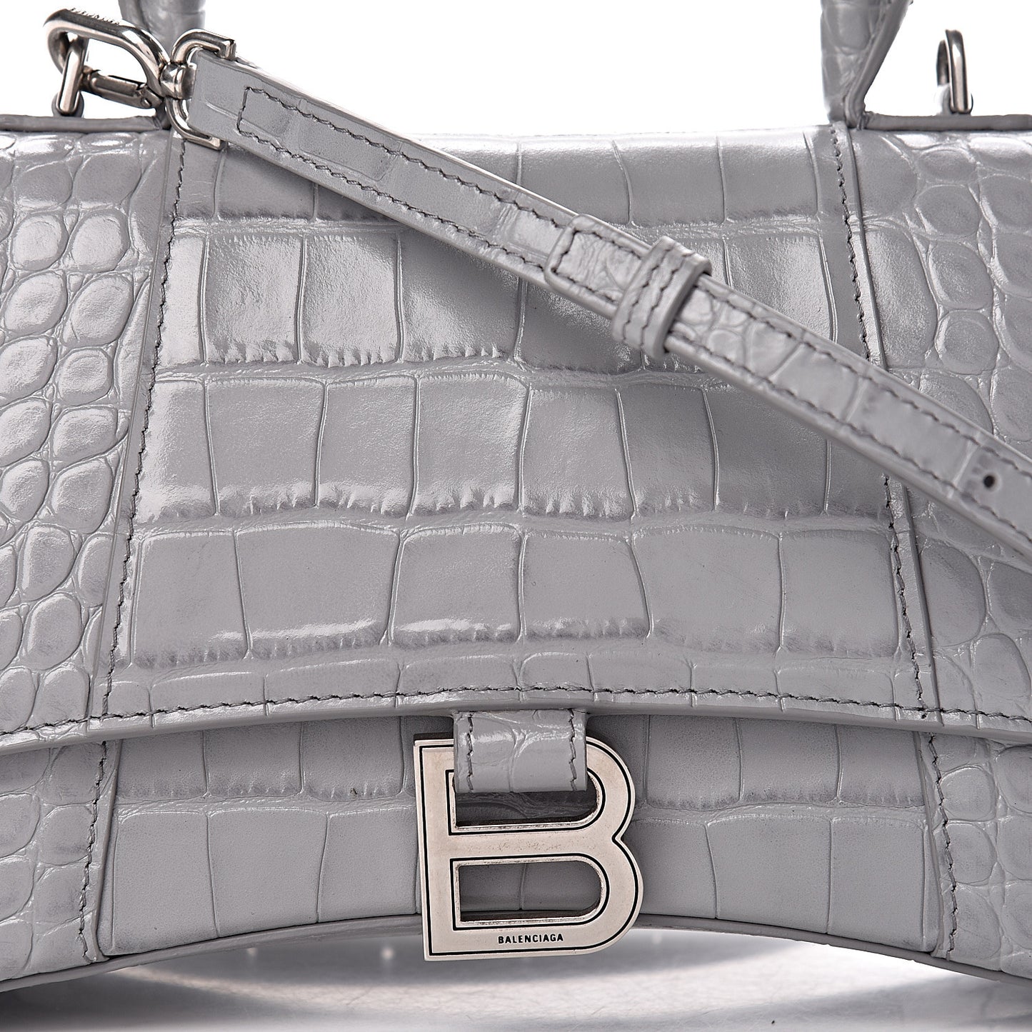 Shiny Calfskin Crocodile Embossed Small Hourglass Top Handle Bag Balenciaga Grey