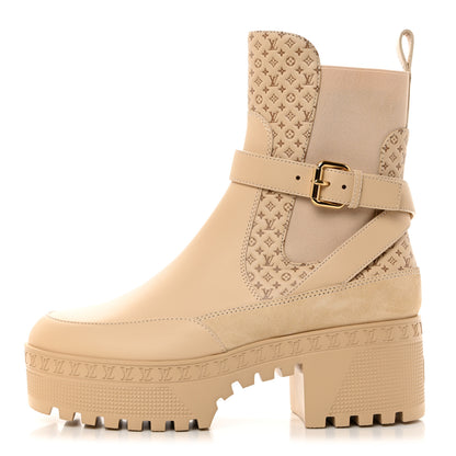 Louis Vuitton Suede Calfskin Embossed Monogram Laureate Platform Desert Boots 38 Beige 1 of 9